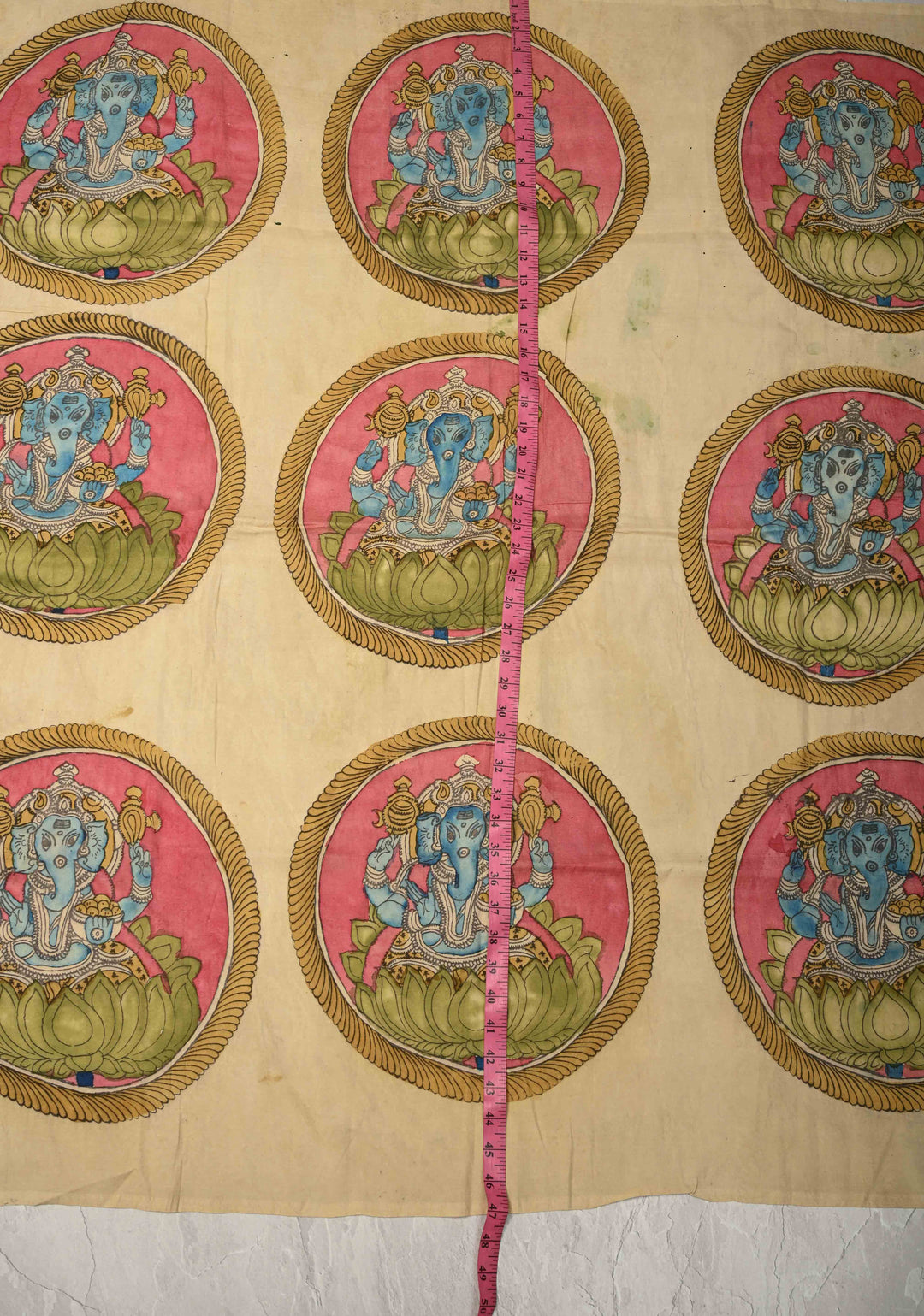 14" Vinayaka Mandala Circular Theme :  Authentic Pen Kalamkari Wall Mural on Pure Cotton, unframed