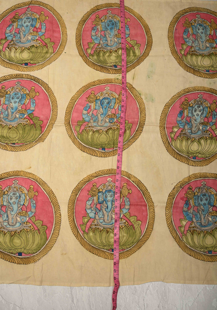 14" Vinayaka Mandala Circular Theme :  Authentic Pen Kalamkari Wall Mural on Pure Cotton, unframed