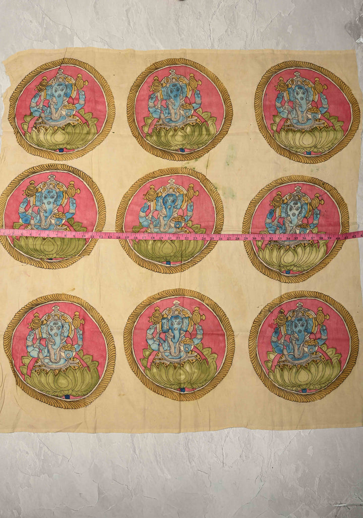 14" Vinayaka Mandala Circular Theme :  Authentic Pen Kalamkari Wall Mural on Pure Cotton, unframed