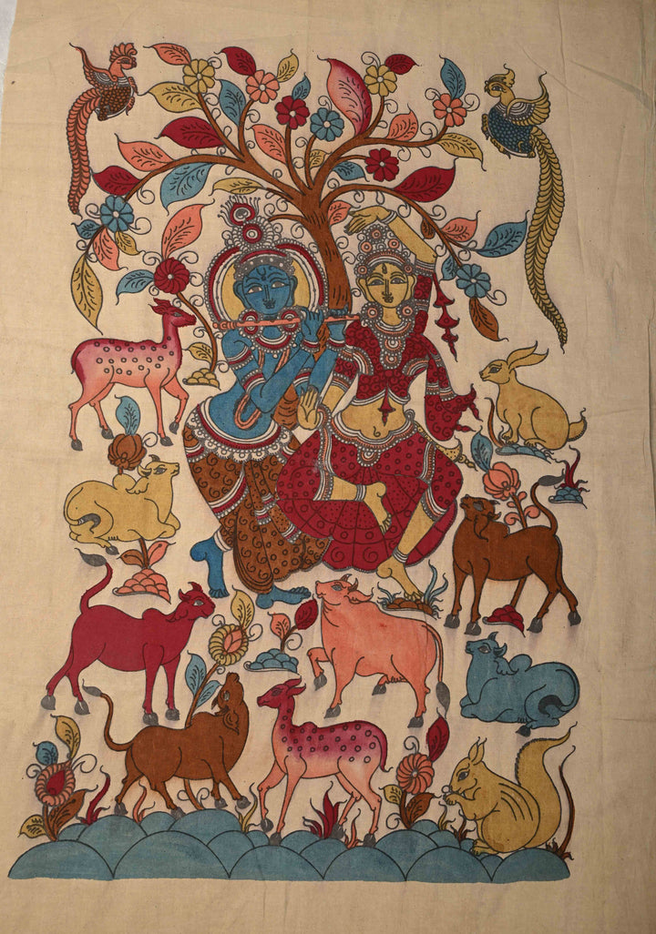 36 x 25 Krishna Leela Theme Authentic Pen Kalamkari Wall mural on fabric, unframed