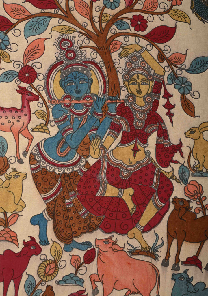 36 x 25 Krishna Leela Theme Authentic Pen Kalamkari Wall mural on fabric, unframed