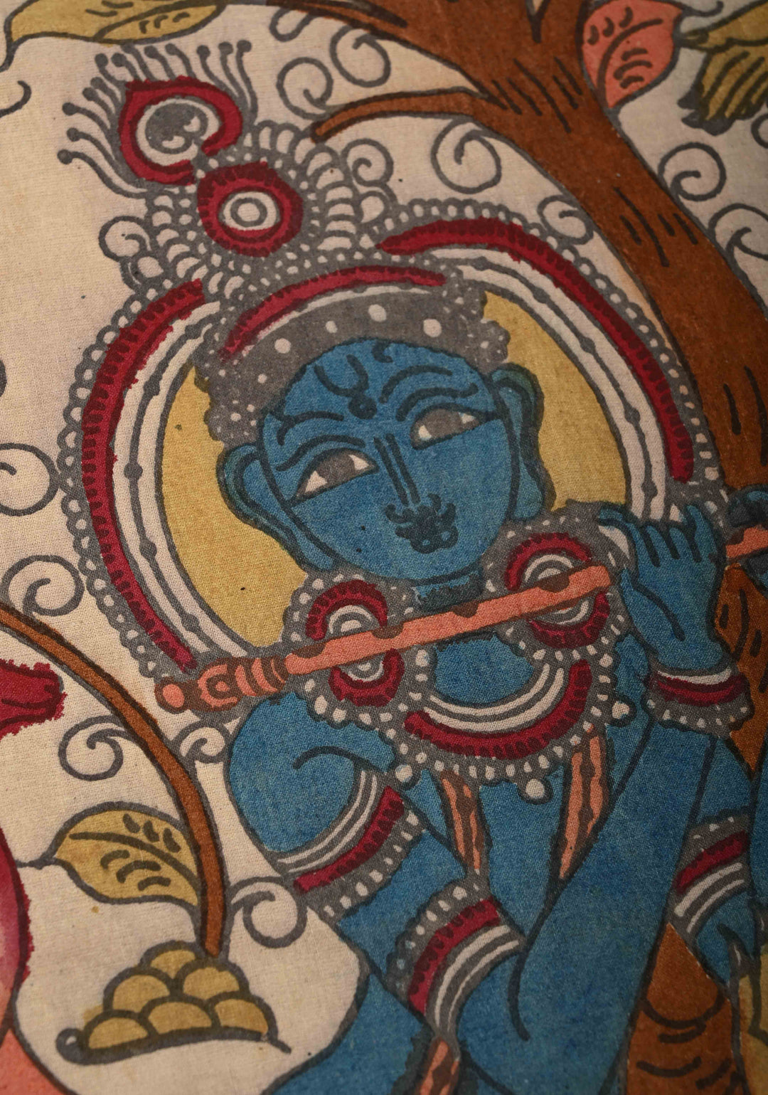 36 x 25 Krishna Leela Theme Authentic Pen Kalamkari Wall mural on fabric, unframed