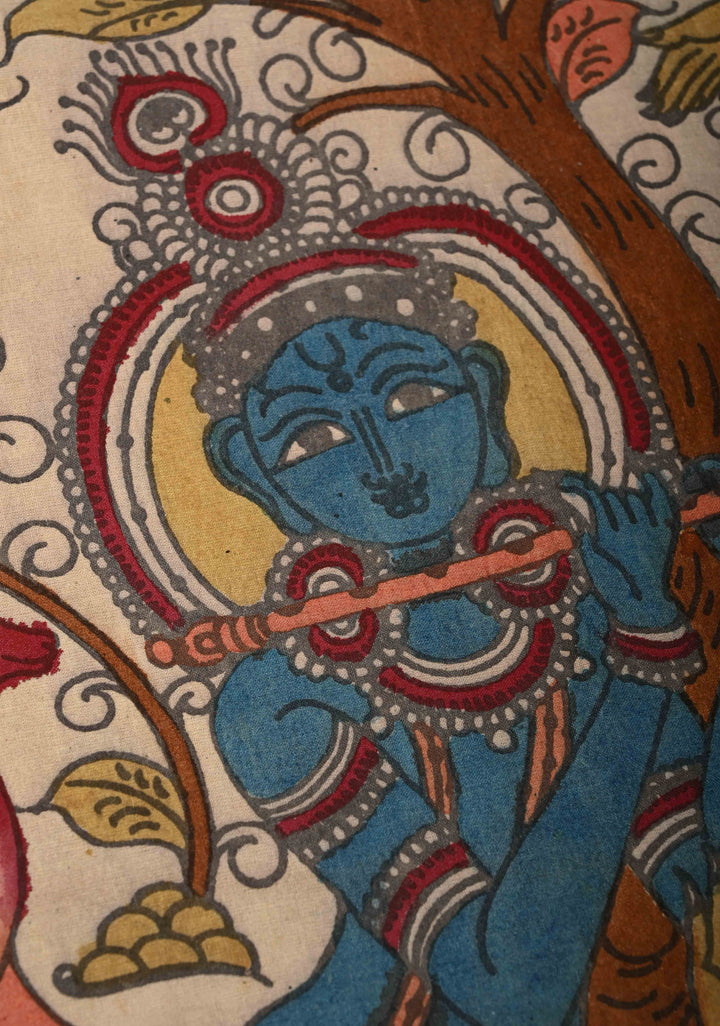 36 x 25 Krishna Leela Theme Authentic Pen Kalamkari Wall mural on fabric, unframed