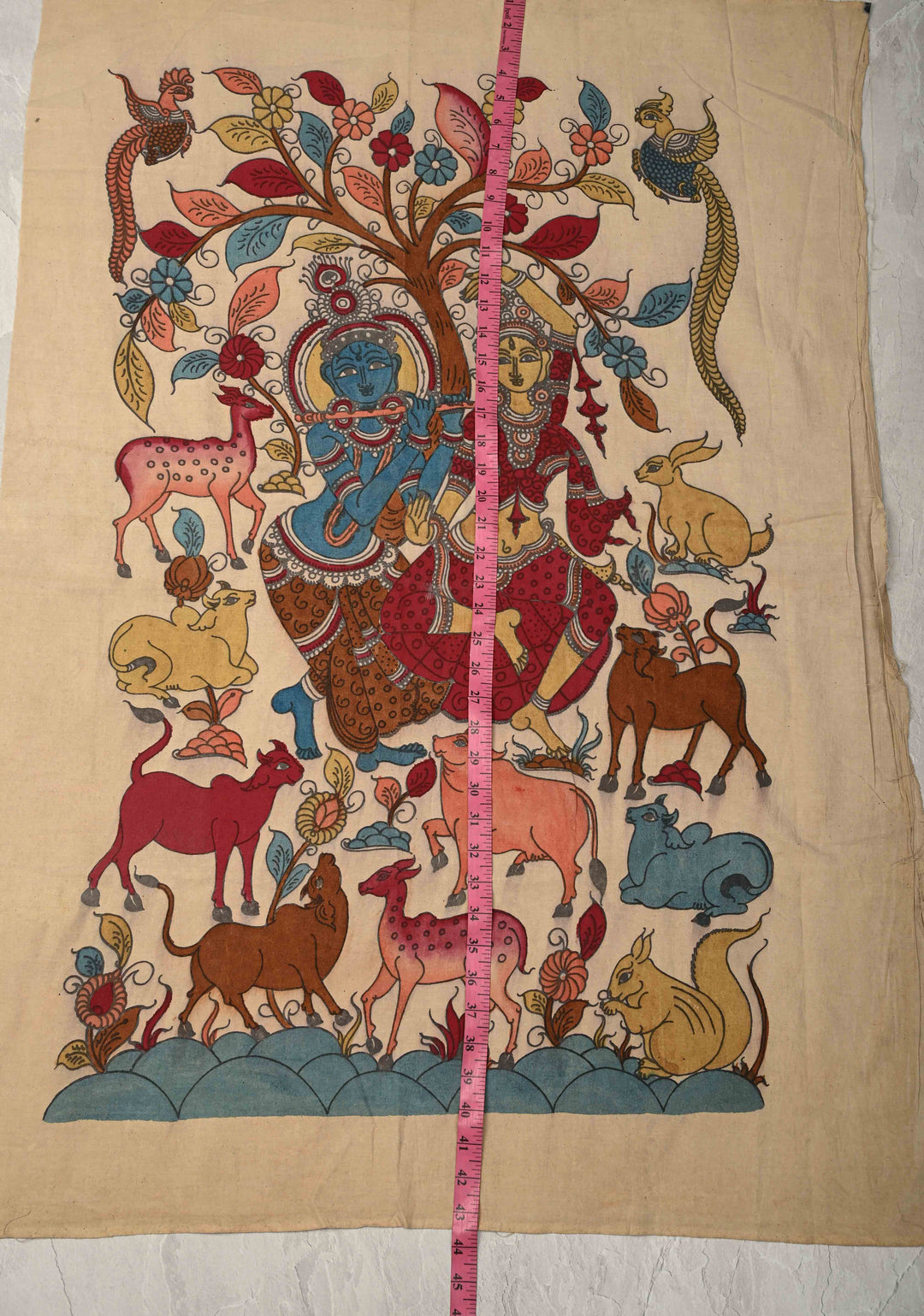36 x 25 Krishna Leela Theme Authentic Pen Kalamkari Wall mural on fabric, unframed