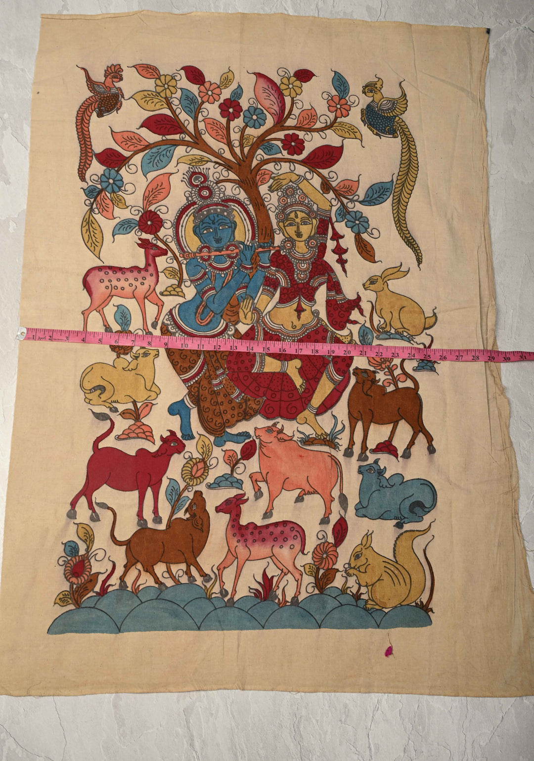36 x 25 Krishna Leela Theme Authentic Pen Kalamkari Wall mural on fabric, unframed