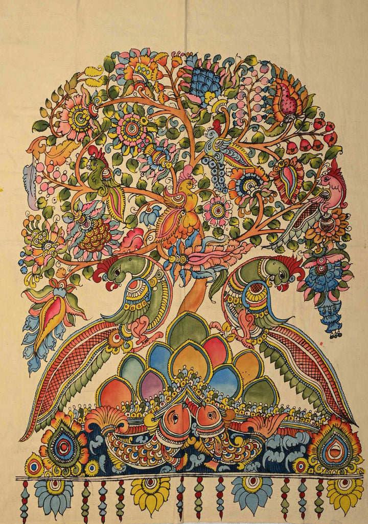 40 x 32" Tree of Life Theme Authentic Pen Kalamkari Wall mural on fabric, unframed