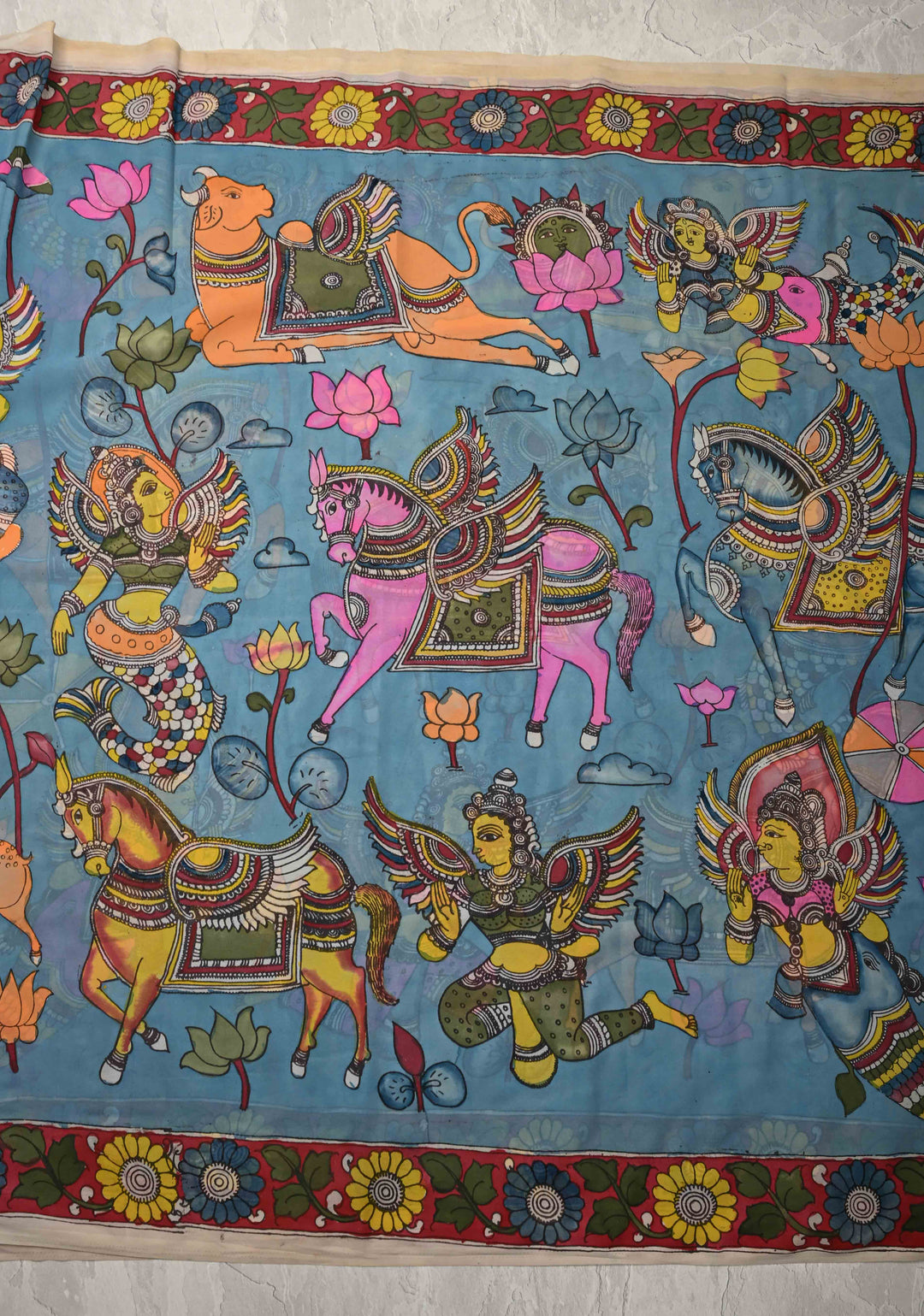 Mythological Motifs Blue Authentic Pen Kalamkari on Pure Georgette Silk Saree with Border | SILK MARK CERTIFIED