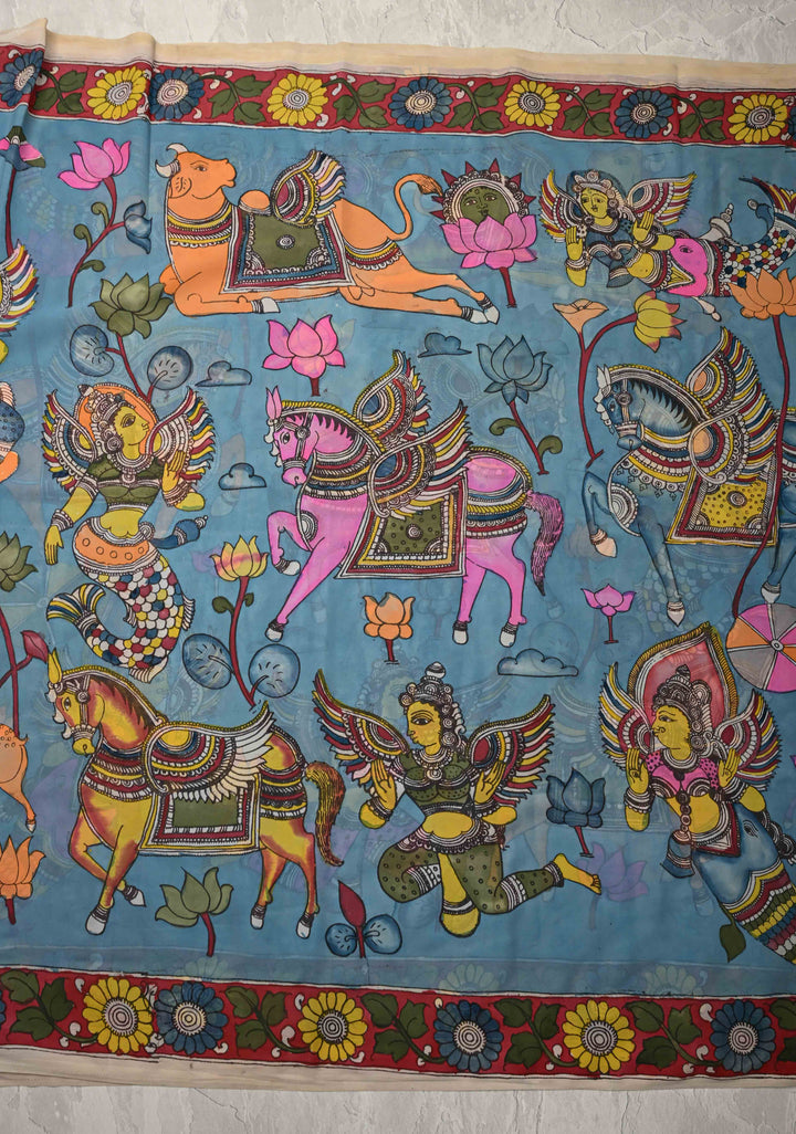 Mythological Motifs Blue Authentic Pen Kalamkari on Pure Georgette Silk Saree with Border | SILK MARK CERTIFIED