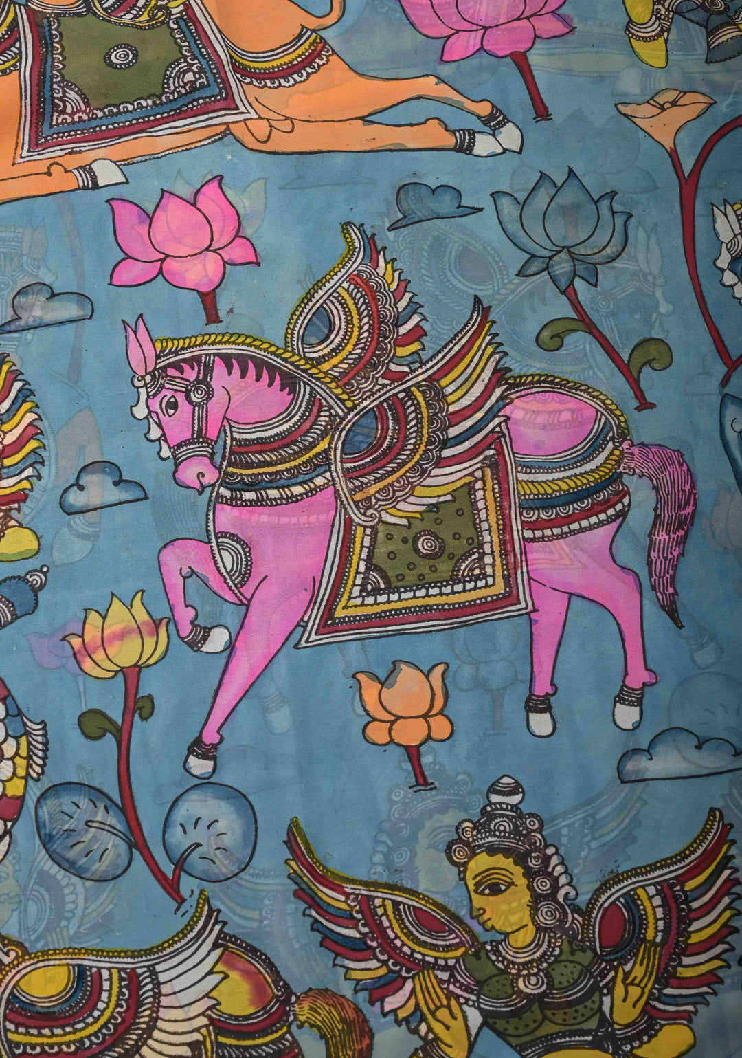 Mythological Motifs Blue Authentic Pen Kalamkari on Pure Georgette Silk Saree with Border | SILK MARK CERTIFIED