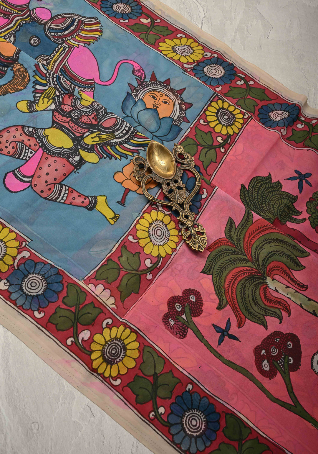 Mythological Motifs Blue Authentic Pen Kalamkari on Pure Georgette Silk Saree with Border | SILK MARK CERTIFIED