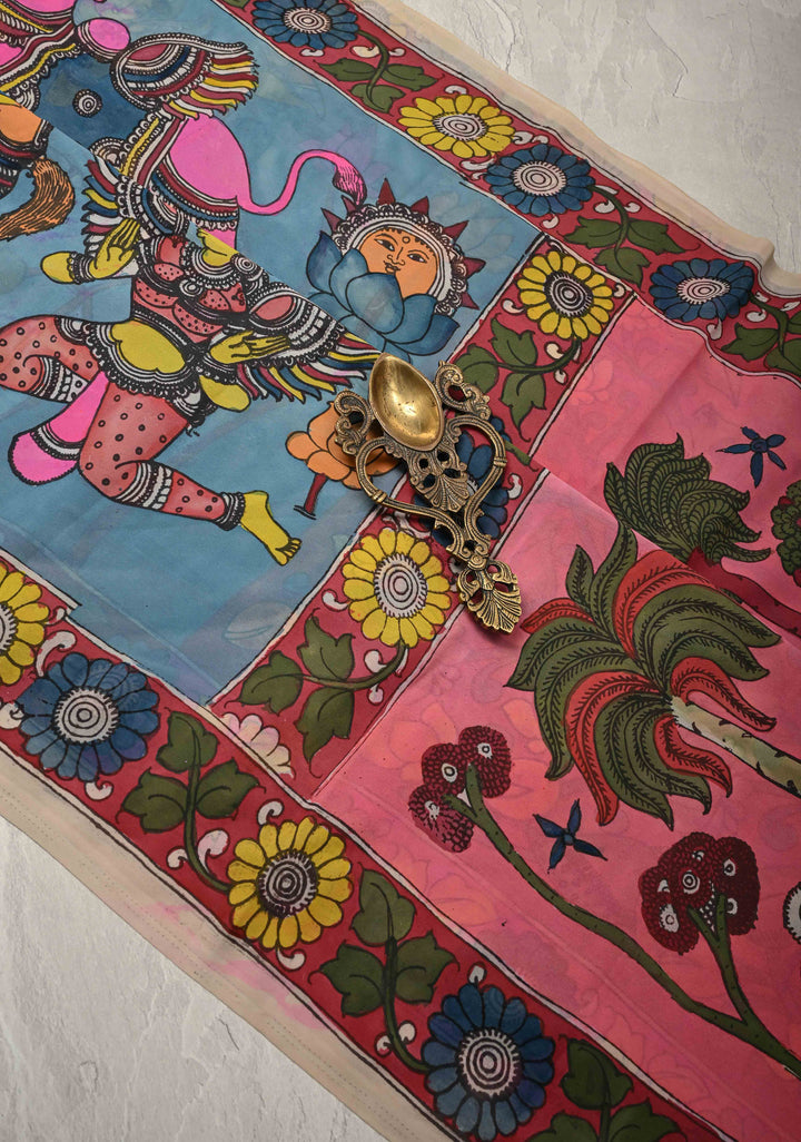 Mythological Motifs Blue Authentic Pen Kalamkari on Pure Georgette Silk Saree with Border | SILK MARK CERTIFIED
