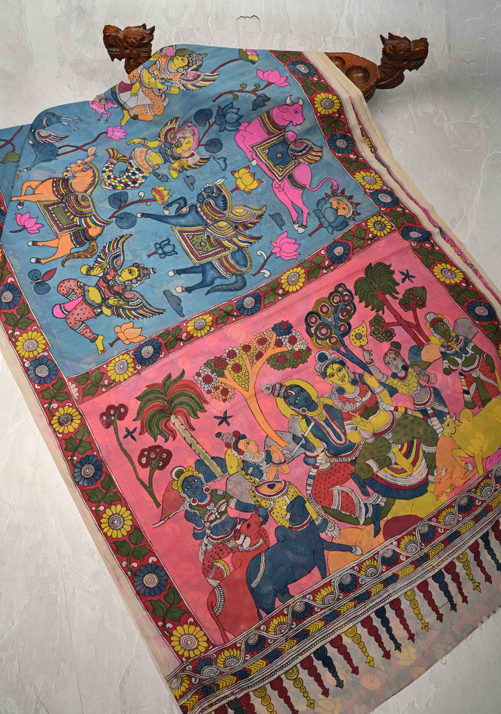Mythological Motifs Blue Authentic Pen Kalamkari on Pure Georgette Silk Saree with Border | SILK MARK CERTIFIED