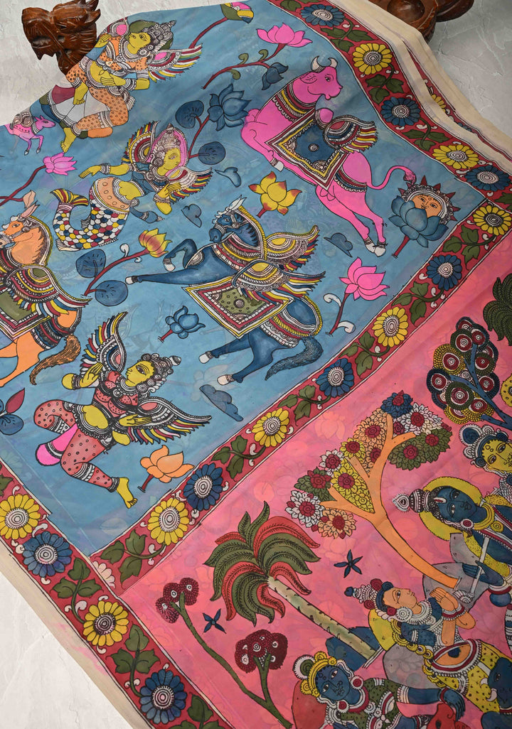Mythological Motifs Blue Authentic Pen Kalamkari on Pure Georgette Silk Saree with Border | SILK MARK CERTIFIED