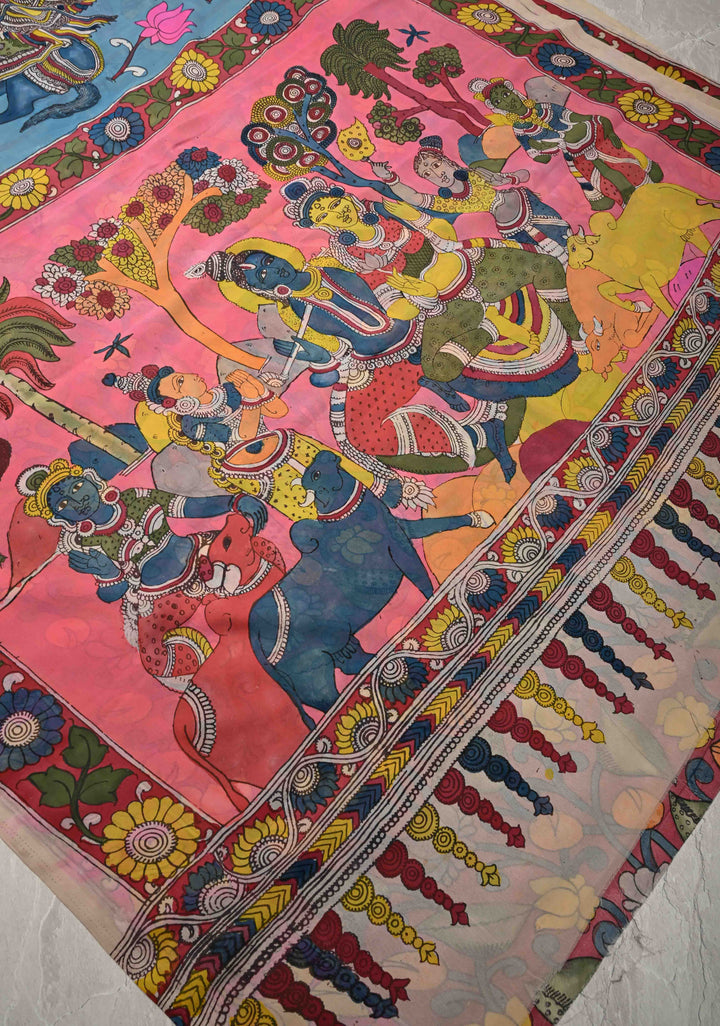 Mythological Motifs Blue Authentic Pen Kalamkari on Pure Georgette Silk Saree with Border | SILK MARK CERTIFIED