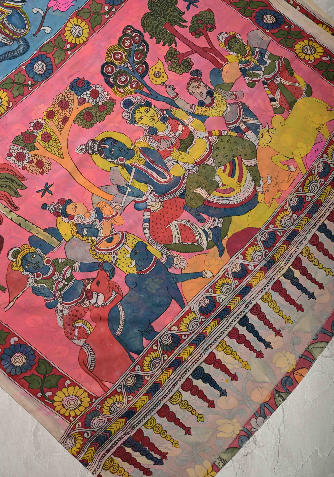 Mythological Motifs Blue Authentic Pen Kalamkari on Pure Georgette Silk Saree with Border | SILK MARK CERTIFIED