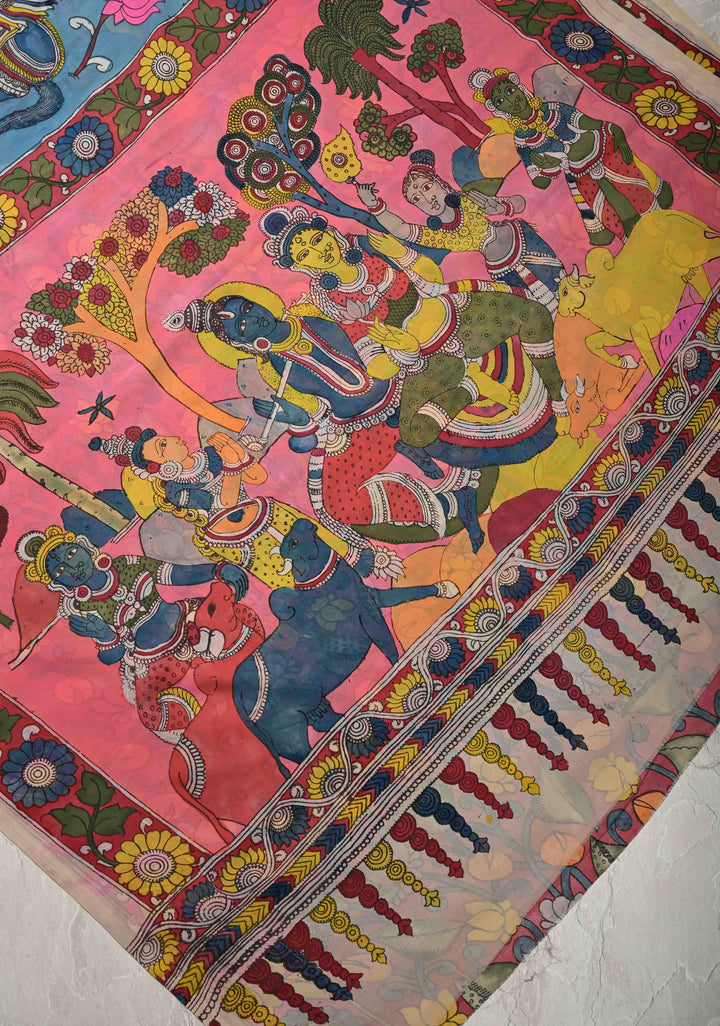 Mythological Motifs Blue Authentic Pen Kalamkari on Pure Georgette Silk Saree with Border | SILK MARK CERTIFIED