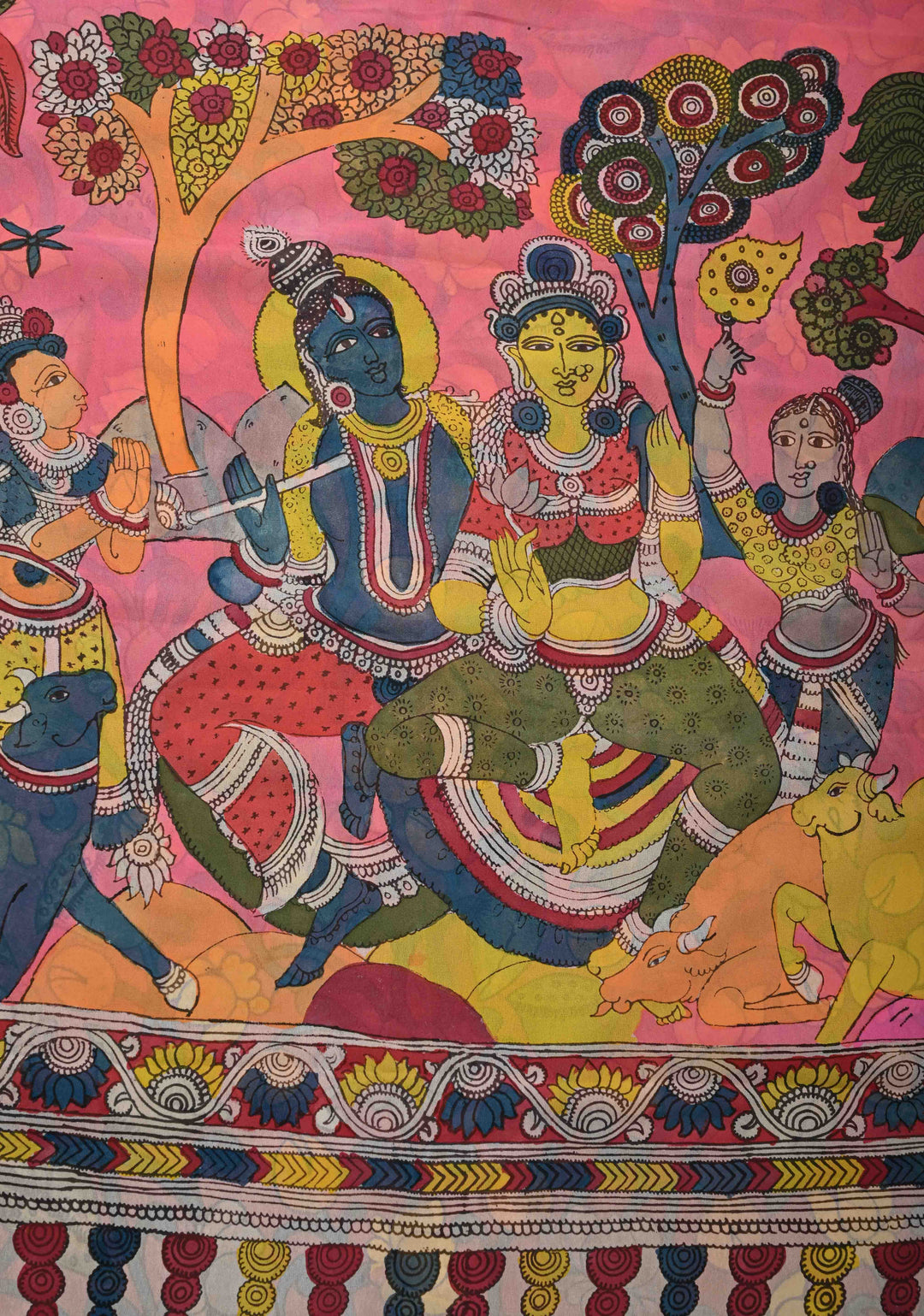 Mythological Motifs Blue Authentic Pen Kalamkari on Pure Georgette Silk Saree with Border | SILK MARK CERTIFIED
