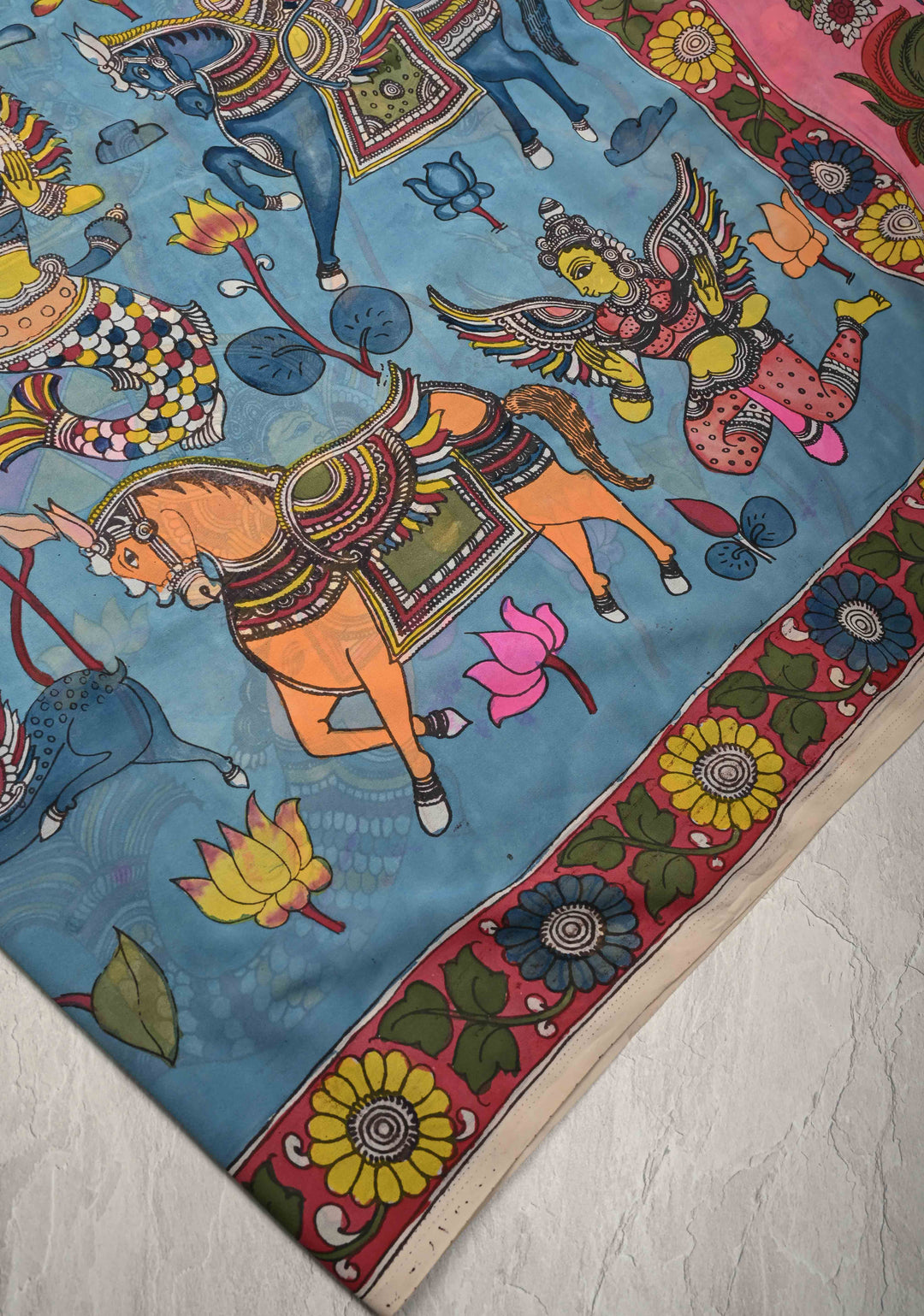 Mythological Motifs Blue Authentic Pen Kalamkari on Pure Georgette Silk Saree with Border | SILK MARK CERTIFIED
