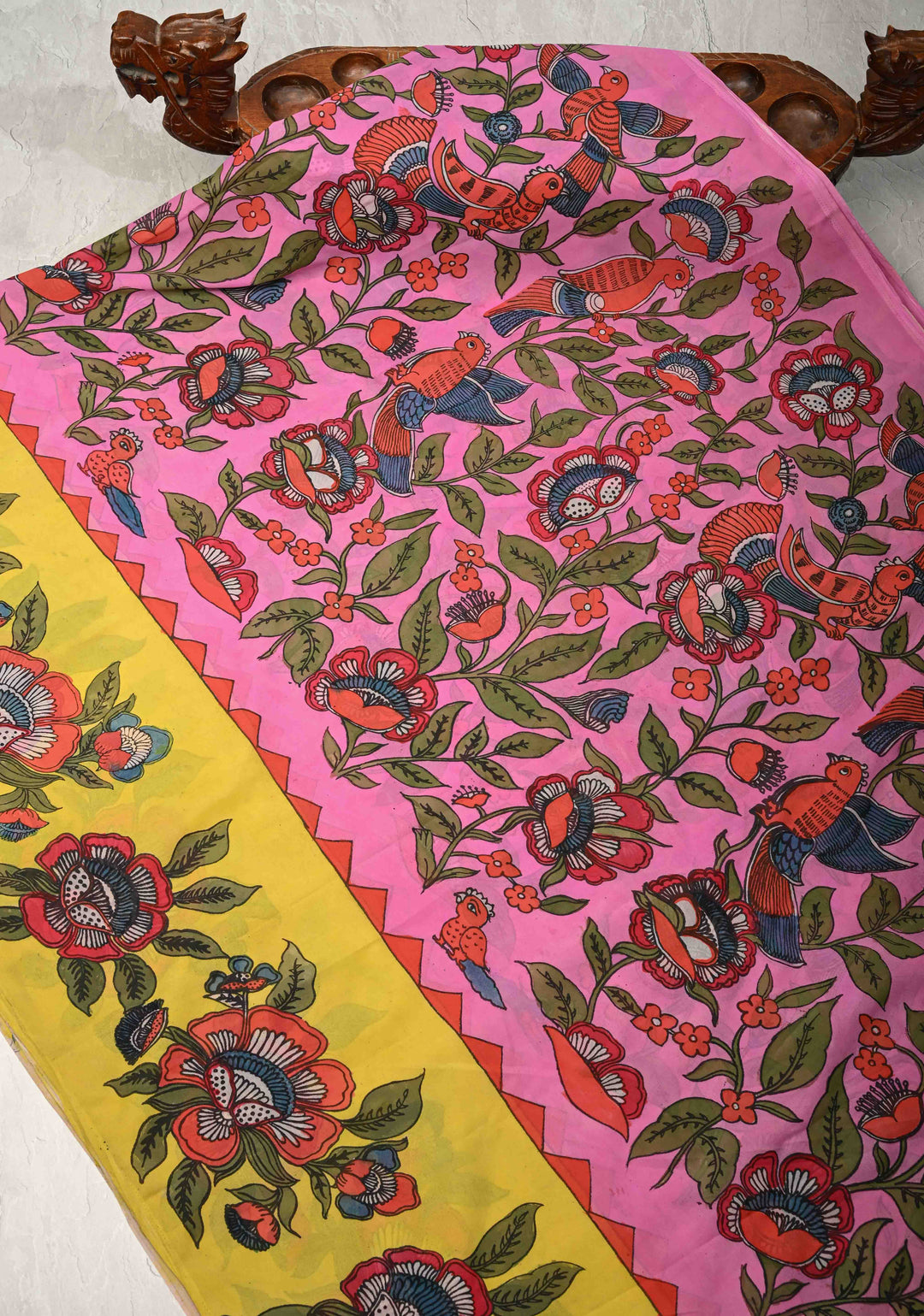 Floral Theme : Bubblegum Pink-Yellow Authentic Pen Kalamkari on Pure Georgette Silk Saree with Border| SILK MARK CERTIFIED