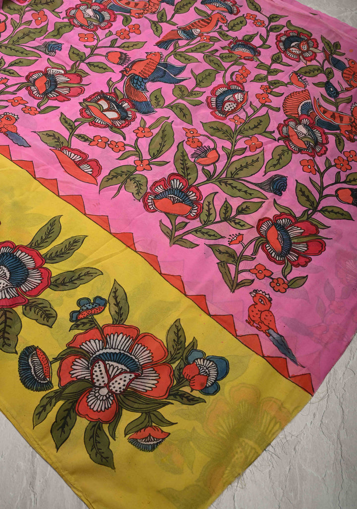 Floral Theme : Bubblegum Pink-Yellow Authentic Pen Kalamkari on Pure Georgette Silk Saree with Border| SILK MARK CERTIFIED