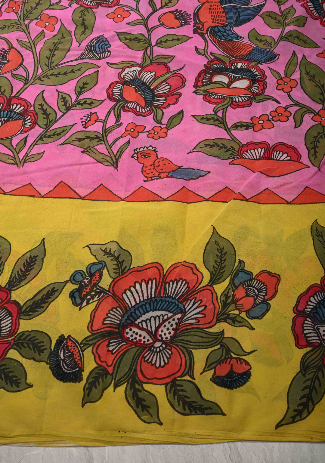 Floral Theme : Bubblegum Pink-Yellow Authentic Pen Kalamkari on Pure Georgette Silk Saree with Border| SILK MARK CERTIFIED