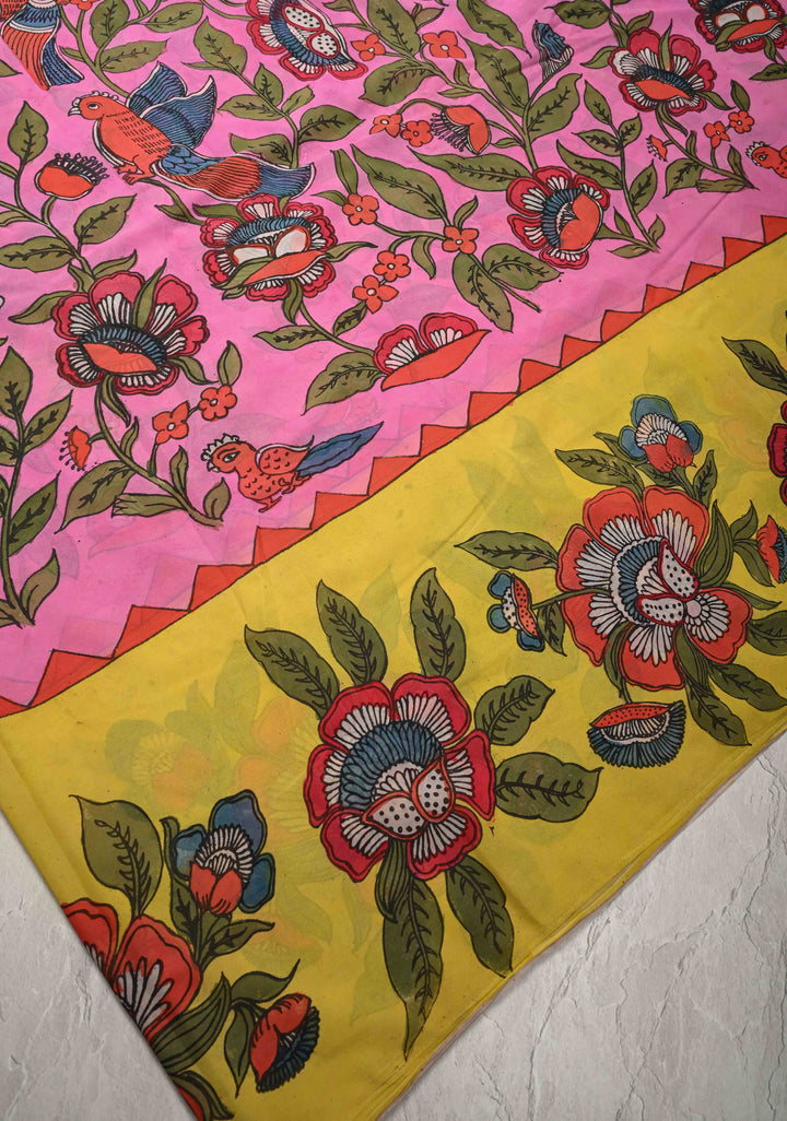 Floral Theme : Bubblegum Pink-Yellow Authentic Pen Kalamkari on Pure Georgette Silk Saree with Border| SILK MARK CERTIFIED
