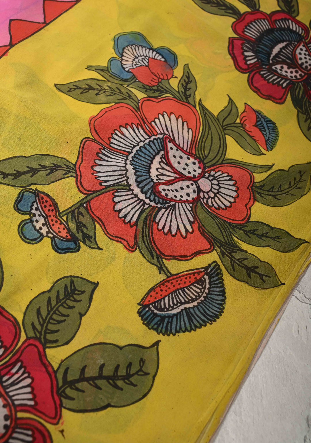 Floral Theme : Bubblegum Pink-Yellow Authentic Pen Kalamkari on Pure Georgette Silk Saree with Border| SILK MARK CERTIFIED