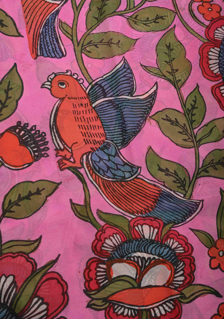 Floral Theme : Bubblegum Pink-Yellow Authentic Pen Kalamkari on Pure Georgette Silk Saree with Border| SILK MARK CERTIFIED