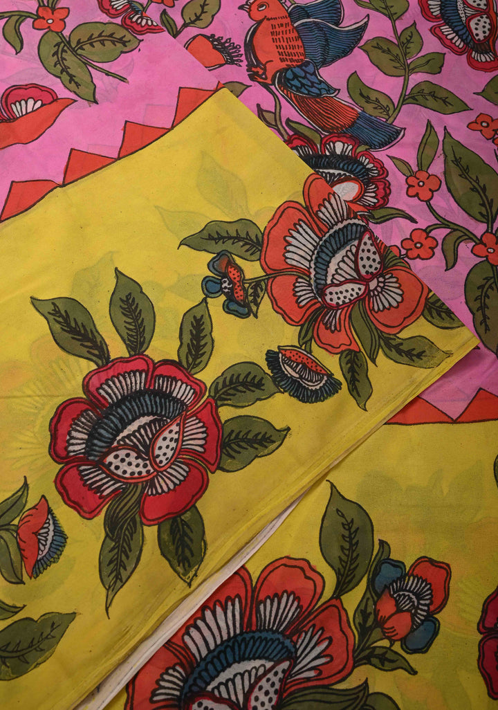 Floral Theme : Bubblegum Pink-Yellow Authentic Pen Kalamkari on Pure Georgette Silk Saree with Border| SILK MARK CERTIFIED