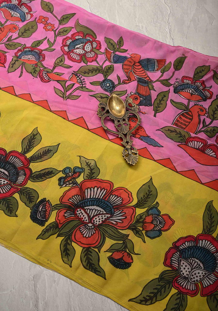 Floral Theme : Bubblegum Pink-Yellow Authentic Pen Kalamkari on Pure Georgette Silk Saree with Border| SILK MARK CERTIFIED