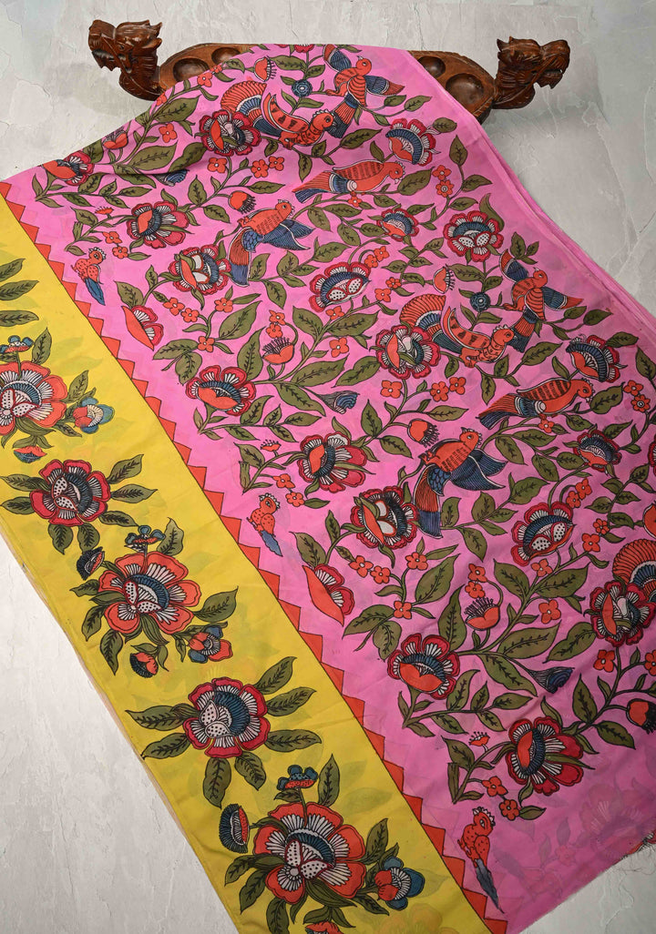 Floral Theme : Bubblegum Pink-Yellow Authentic Pen Kalamkari on Pure Georgette Silk Saree with Border| SILK MARK CERTIFIED