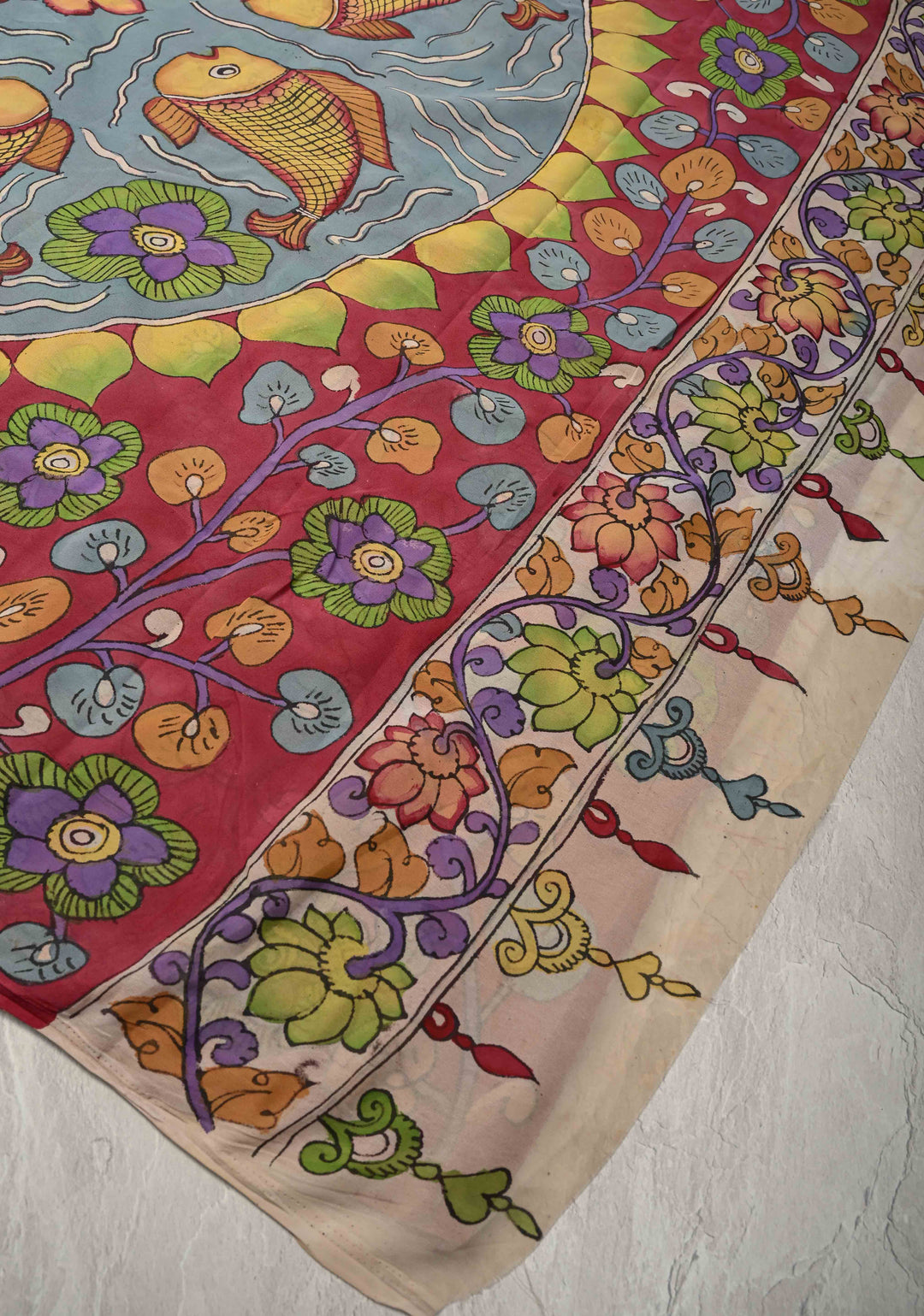 Fish Pond and Mandala Theme :  Raspberry Pink Authentic Pen Kalamkari on Banarasi Pure Georgette Silk Saree with Lace Trim Border| SILK MARK CERTIFIED