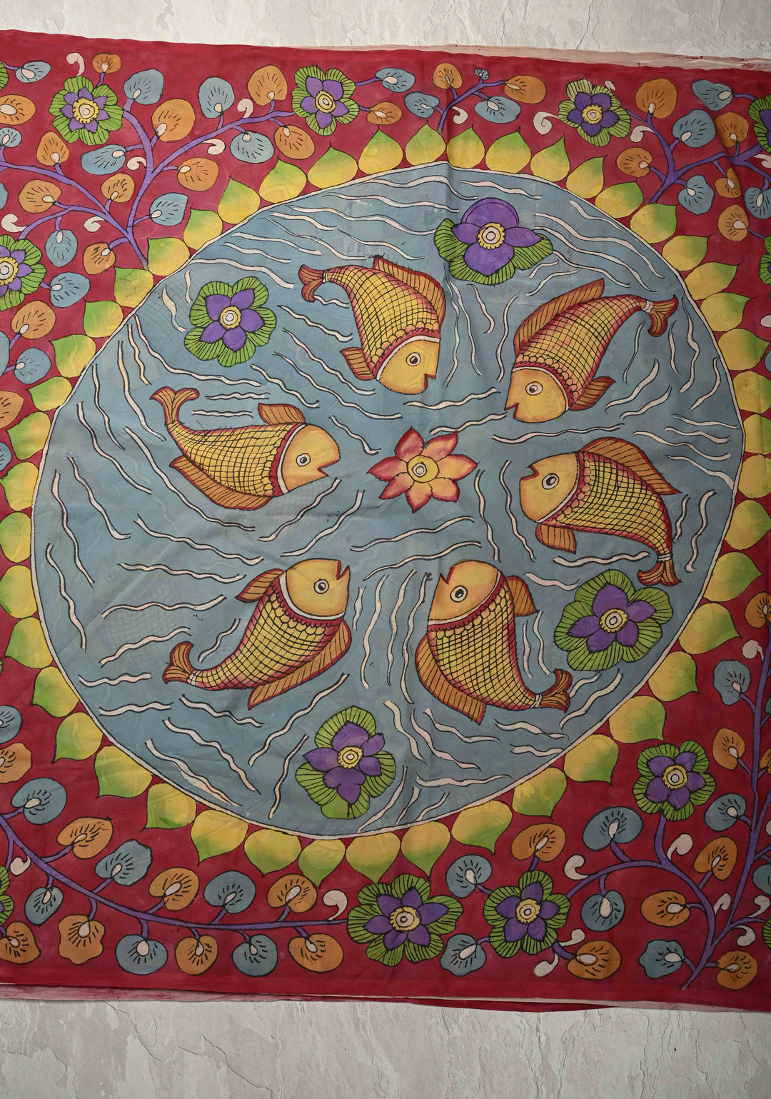 Fish Pond and Mandala Theme :  Raspberry Pink Authentic Pen Kalamkari on Banarasi Pure Georgette Silk Saree with Lace Trim Border| SILK MARK CERTIFIED