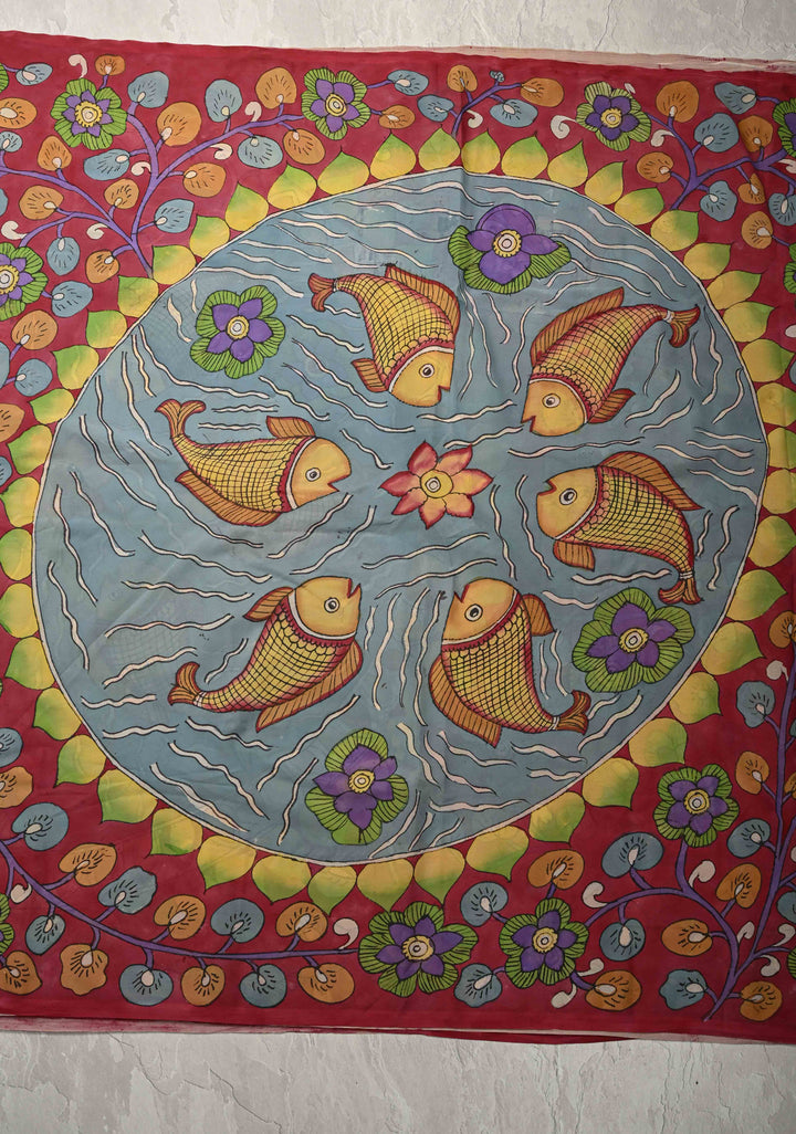 Fish Pond and Mandala Theme :  Raspberry Pink Authentic Pen Kalamkari on Banarasi Pure Georgette Silk Saree with Lace Trim Border| SILK MARK CERTIFIED