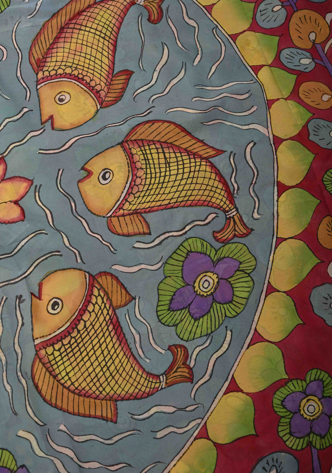 Fish Pond and Mandala Theme :  Raspberry Pink Authentic Pen Kalamkari on Banarasi Pure Georgette Silk Saree with Lace Trim Border| SILK MARK CERTIFIED