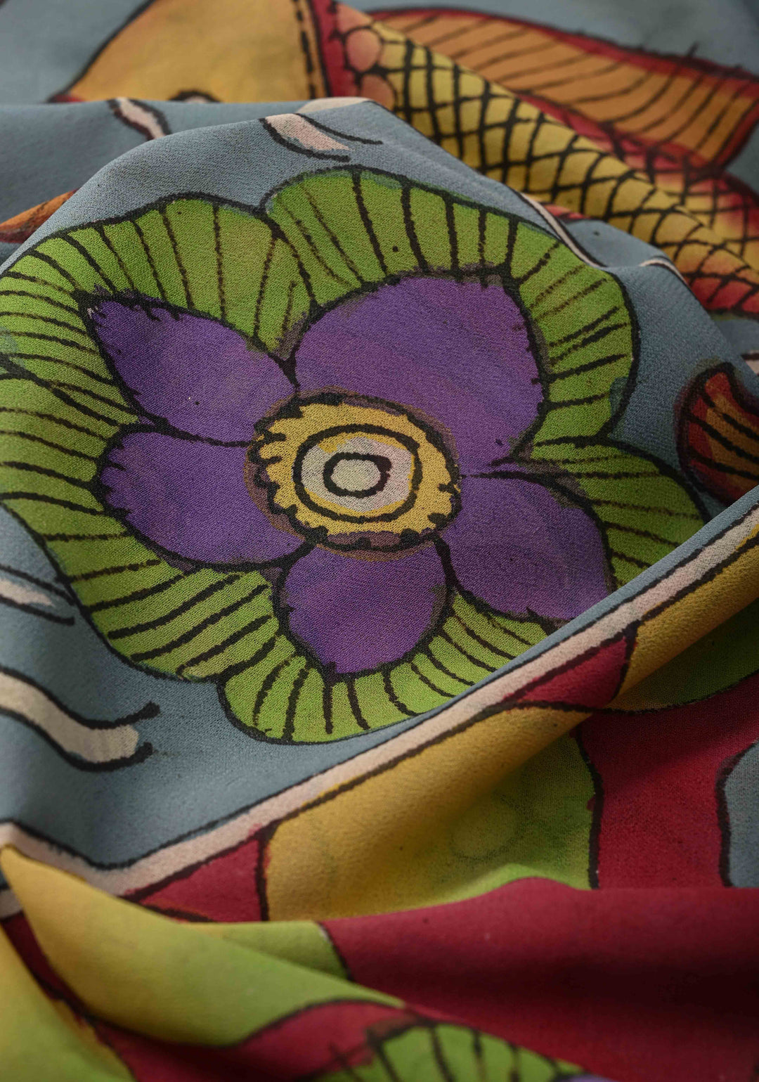 Fish Pond and Mandala Theme :  Raspberry Pink Authentic Pen Kalamkari on Banarasi Pure Georgette Silk Saree with Lace Trim Border| SILK MARK CERTIFIED