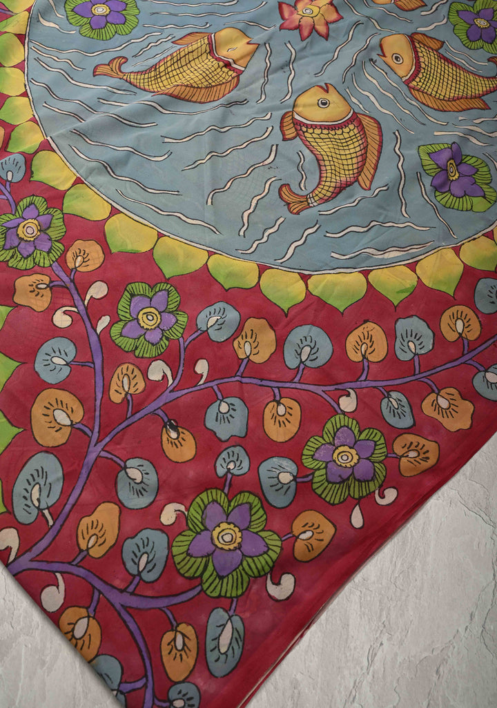 Fish Pond and Mandala Theme :  Raspberry Pink Authentic Pen Kalamkari on Banarasi Pure Georgette Silk Saree with Lace Trim Border| SILK MARK CERTIFIED
