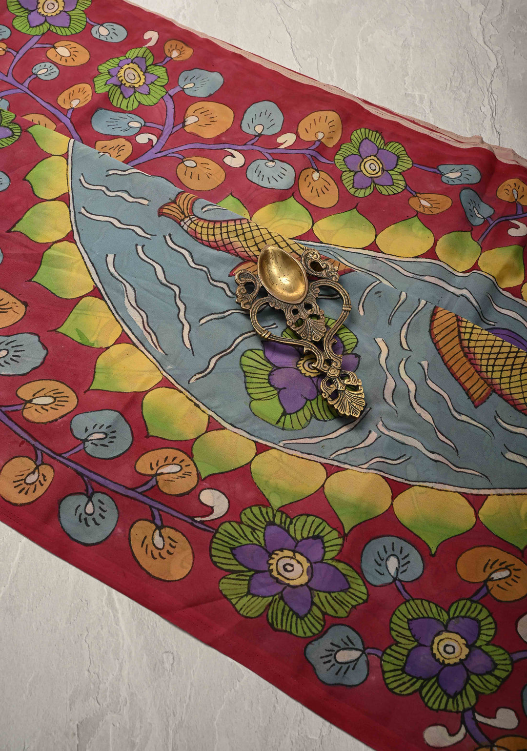 Fish Pond and Mandala Theme :  Raspberry Pink Authentic Pen Kalamkari on Banarasi Pure Georgette Silk Saree with Lace Trim Border| SILK MARK CERTIFIED