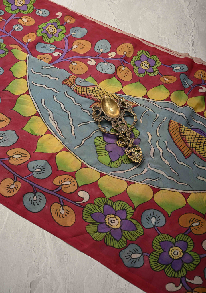 Fish Pond and Mandala Theme :  Raspberry Pink Authentic Pen Kalamkari on Banarasi Pure Georgette Silk Saree with Lace Trim Border| SILK MARK CERTIFIED