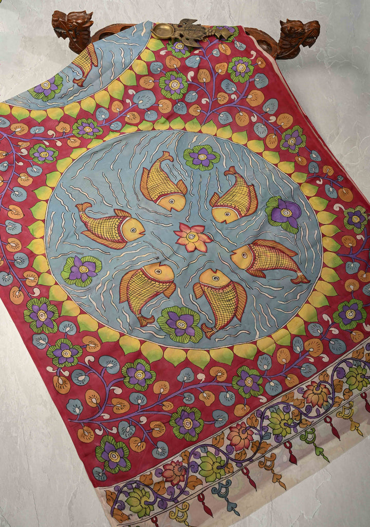 Fish Pond and Mandala Theme :  Raspberry Pink Authentic Pen Kalamkari on Banarasi Pure Georgette Silk Saree with Lace Trim Border| SILK MARK CERTIFIED