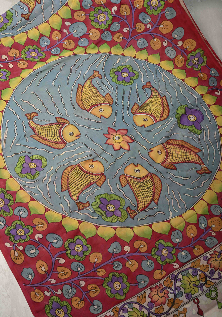 Fish Pond and Mandala Theme :  Raspberry Pink Authentic Pen Kalamkari on Banarasi Pure Georgette Silk Saree with Lace Trim Border| SILK MARK CERTIFIED