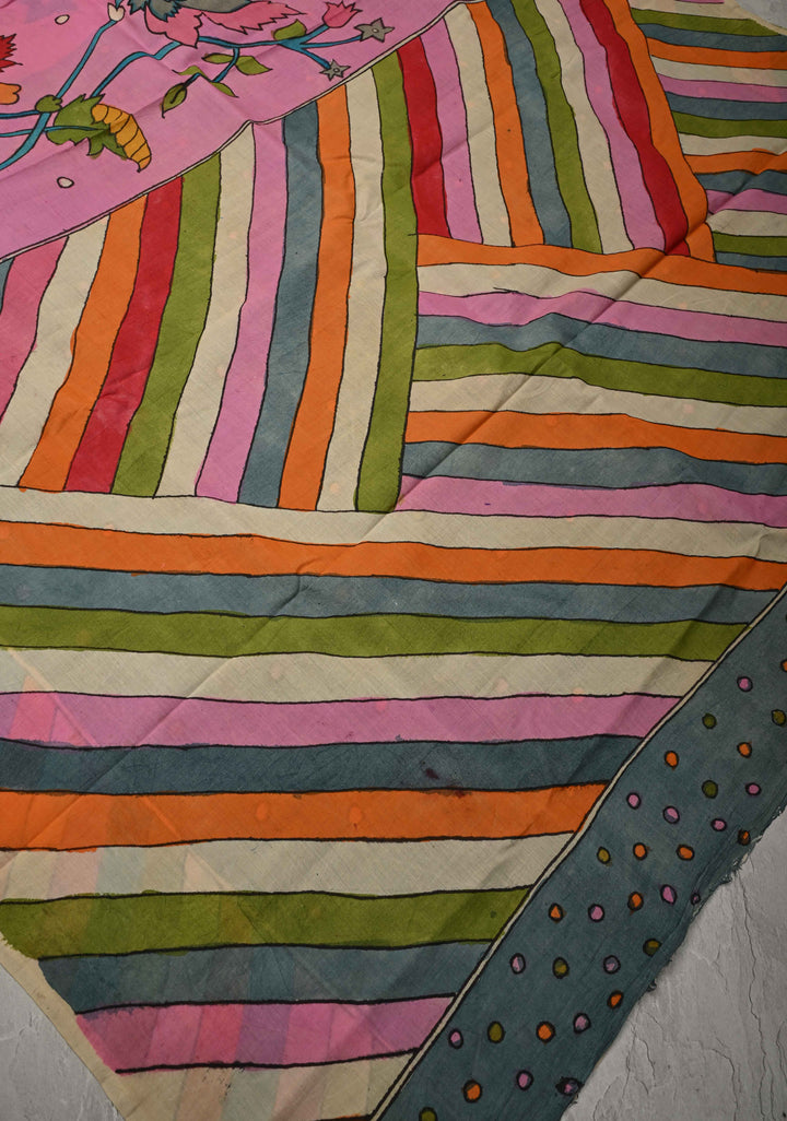 Floral Theme : Pink Authentic Pen Kalamkari on Cotton Saree