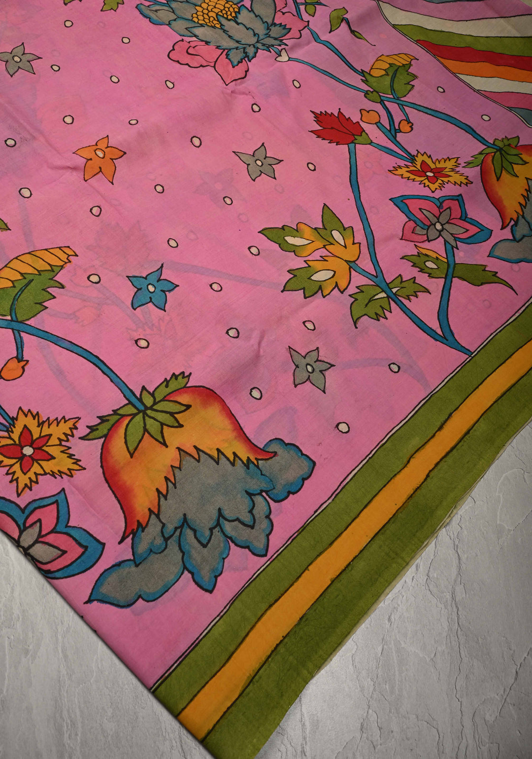 Floral Theme : Pink Authentic Pen Kalamkari on Cotton Saree