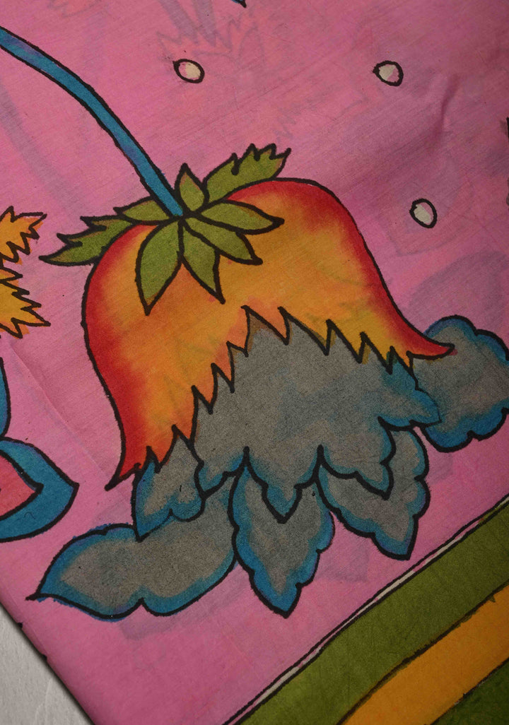 Floral Theme : Pink Authentic Pen Kalamkari on Cotton Saree