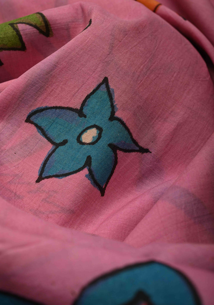 Floral Theme : Pink Authentic Pen Kalamkari on Cotton Saree