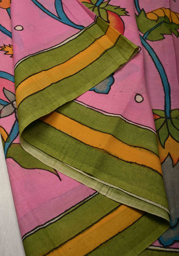Floral Theme : Pink Authentic Pen Kalamkari on Cotton Saree