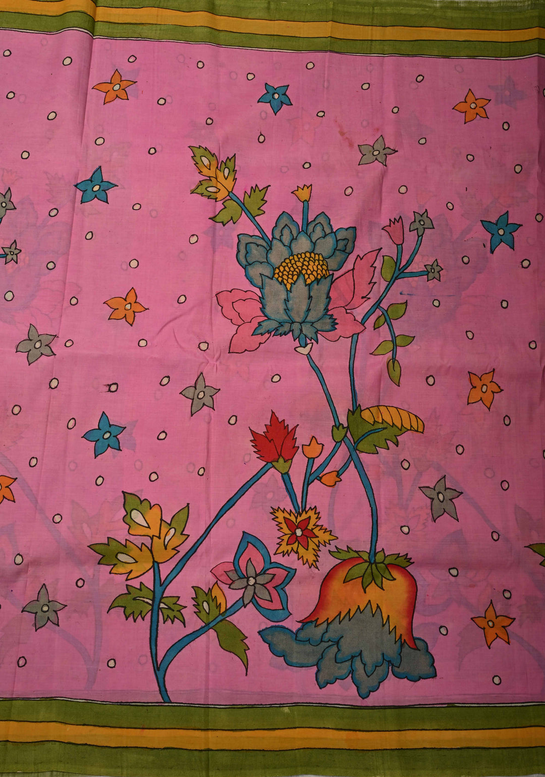 Floral Theme : Pink Authentic Pen Kalamkari on Cotton Saree