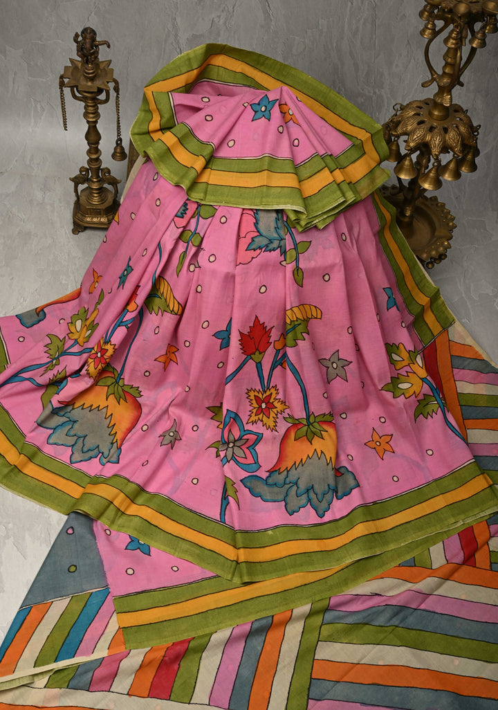 Floral Theme : Pink Authentic Pen Kalamkari on Cotton Saree