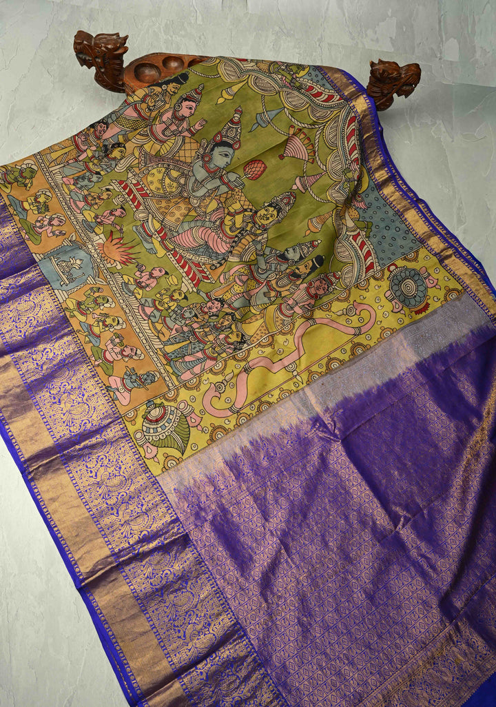 Sita Ram Kalyanam Theme :  Authentic Pen Kalamkari on Pure Kanjivaram Silk Saree with Wide Zari Border | SILK MARK CERTIFIED