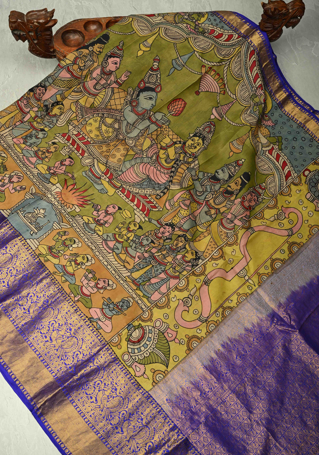 Sita Ram Kalyanam Theme :  Authentic Pen Kalamkari on Pure Kanjivaram Silk Saree with Wide Zari Border | SILK MARK CERTIFIED
